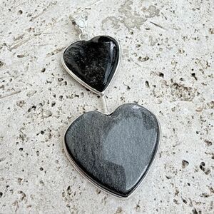 Silver Obsidian Double Heart Pendant 925 Silver Overlay